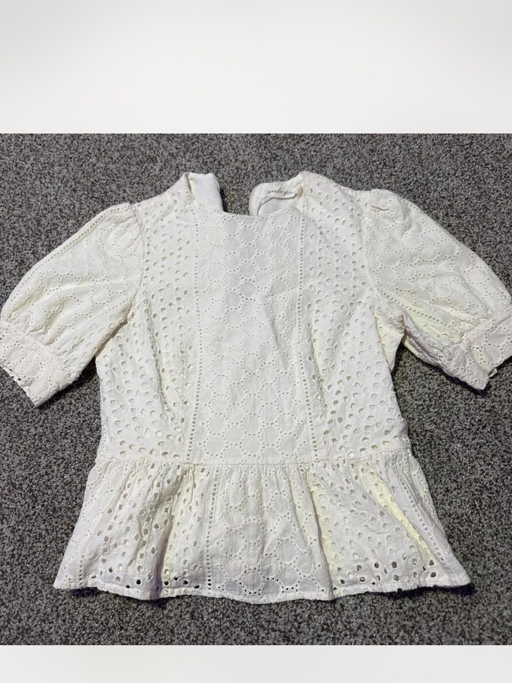 White Eyelet Peplum Tunic with Puff Sleeves